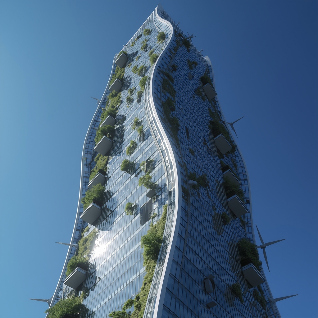 A hyper-realistic close-up of a biomorphic skyscraper with a glass facade that follows the golden ratio. The building is surrounded by hovering vertical gardens and integrated wind turbines. Deep blue sky, futuristic urban setting. Premium, photorealistic, 8k resolution. No people, no women.